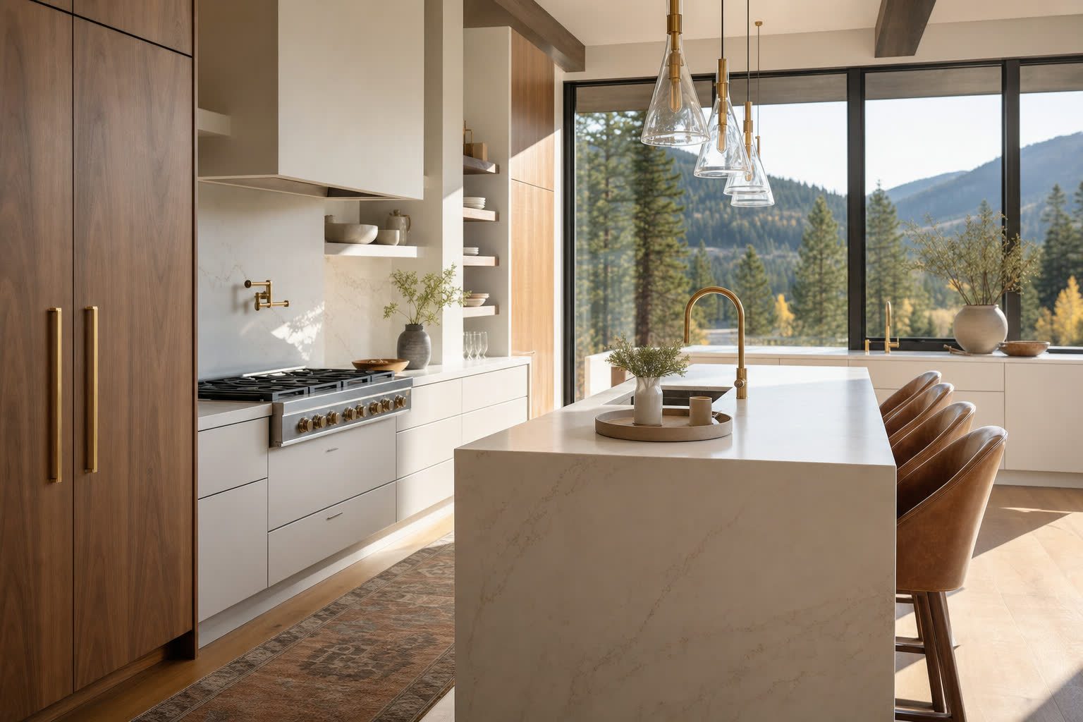 Modern custom kitchen with walnut cabinetry and quartz waterfall island