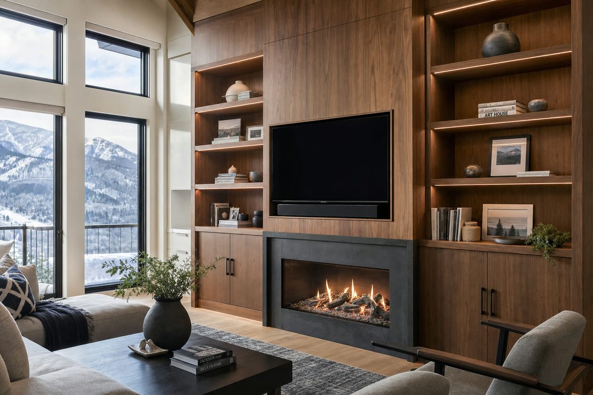 Custom walnut built-in entertainment center and shelving surrounding a linear fireplace