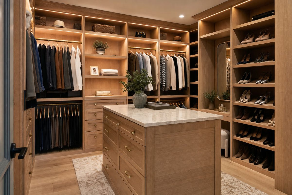 Luxury custom walk-in closet in warm oak with brass rods, drawers, and a center island
