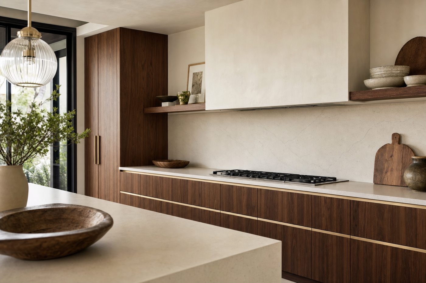 Modern kitchen with sleek full-overlay PET cabinet doors and drawer fronts in a warm wood tone